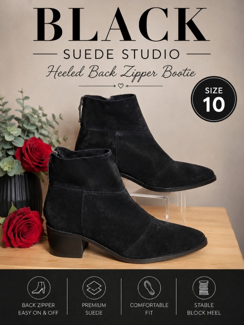 BLACK Suede Studio Heeled Back Zipper Bootie 10